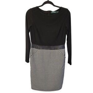 Lauren‎ Ralph Lauren Black Houndstooth Faux Leather Trim Sheath Dress Size 6P